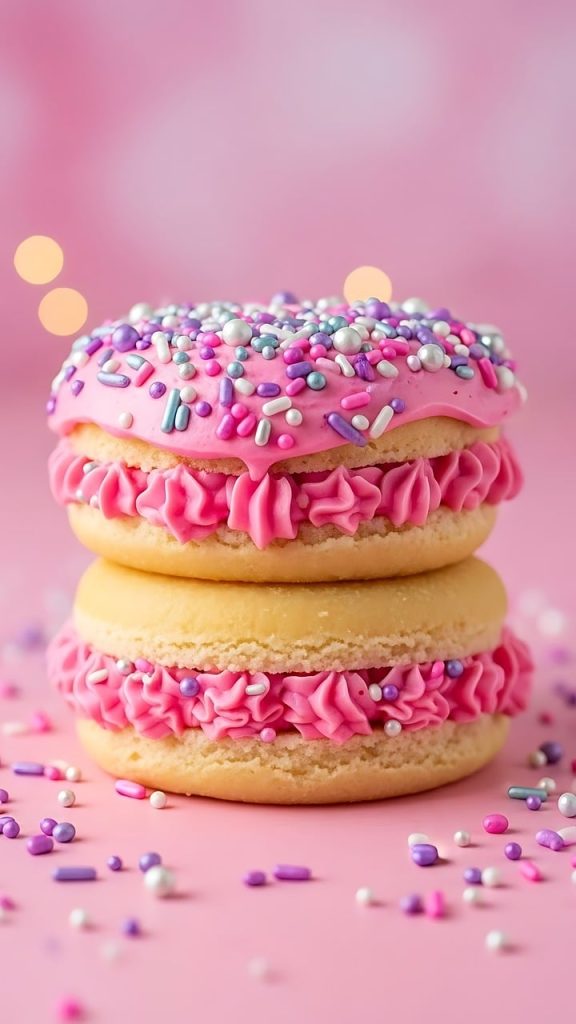 macaron, macaroon, cookie, dessert, sweet, pink, yellow, pastel, sprinkles, candy, stack, high, colorful, frosting, elegant, closeup, background, macro, delicate, treat, baked, beautiful wallpaper, bakery, confectionery, ai generated